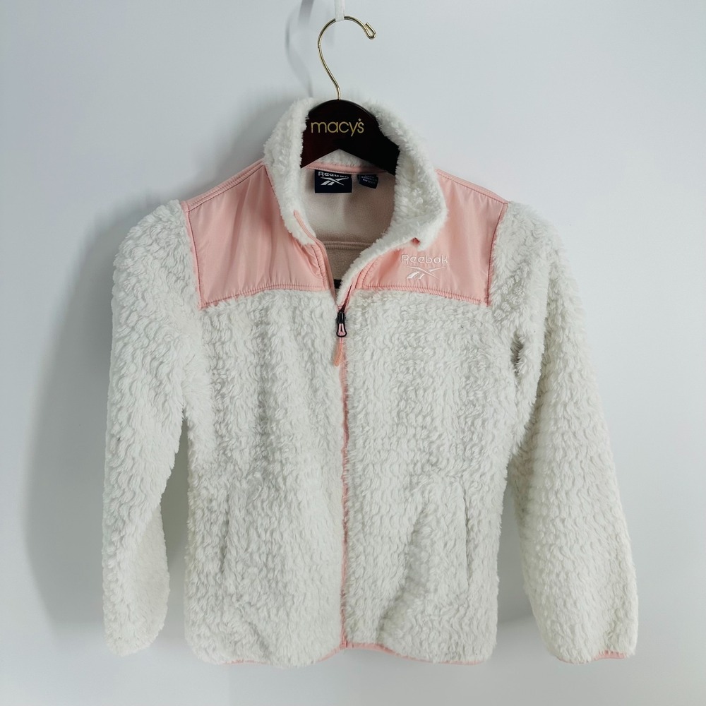 Reebok Outerwear‎ Long Sleeve Collared Sherpa Jacket Ivory White Pink SZ M 10/12
